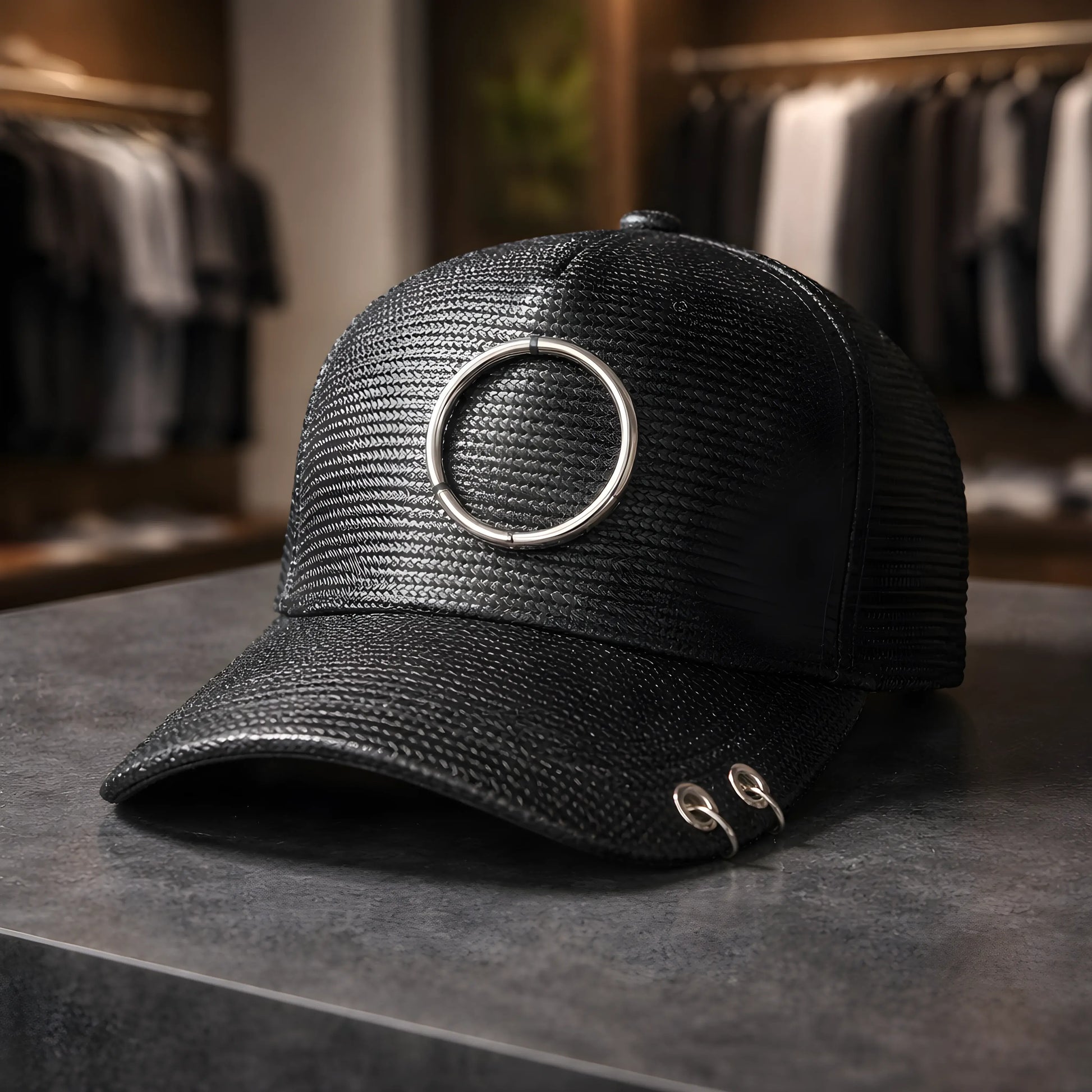 Black Woven O-Ring Pierced Cap
