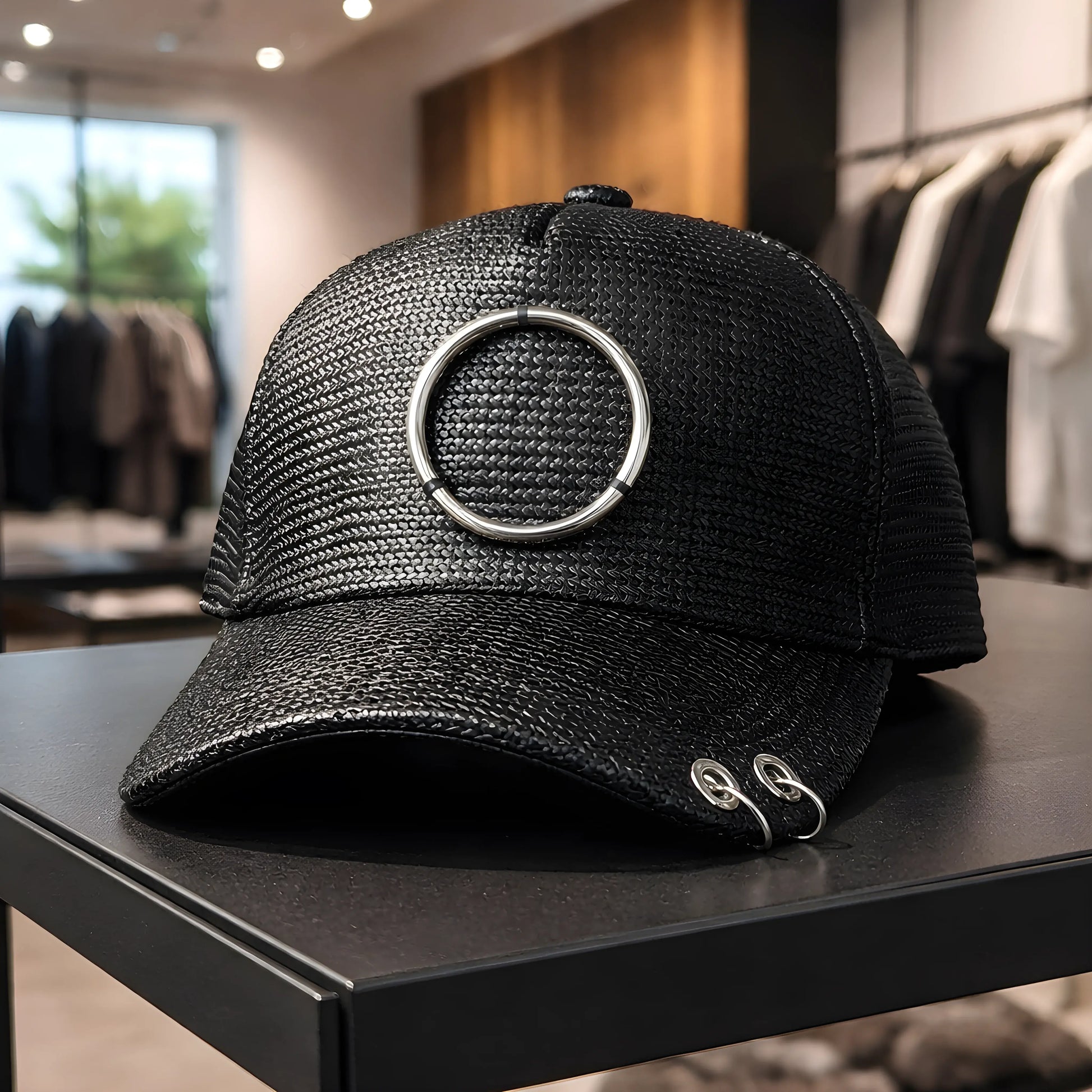 Black Woven O-Ring Pierced Cap