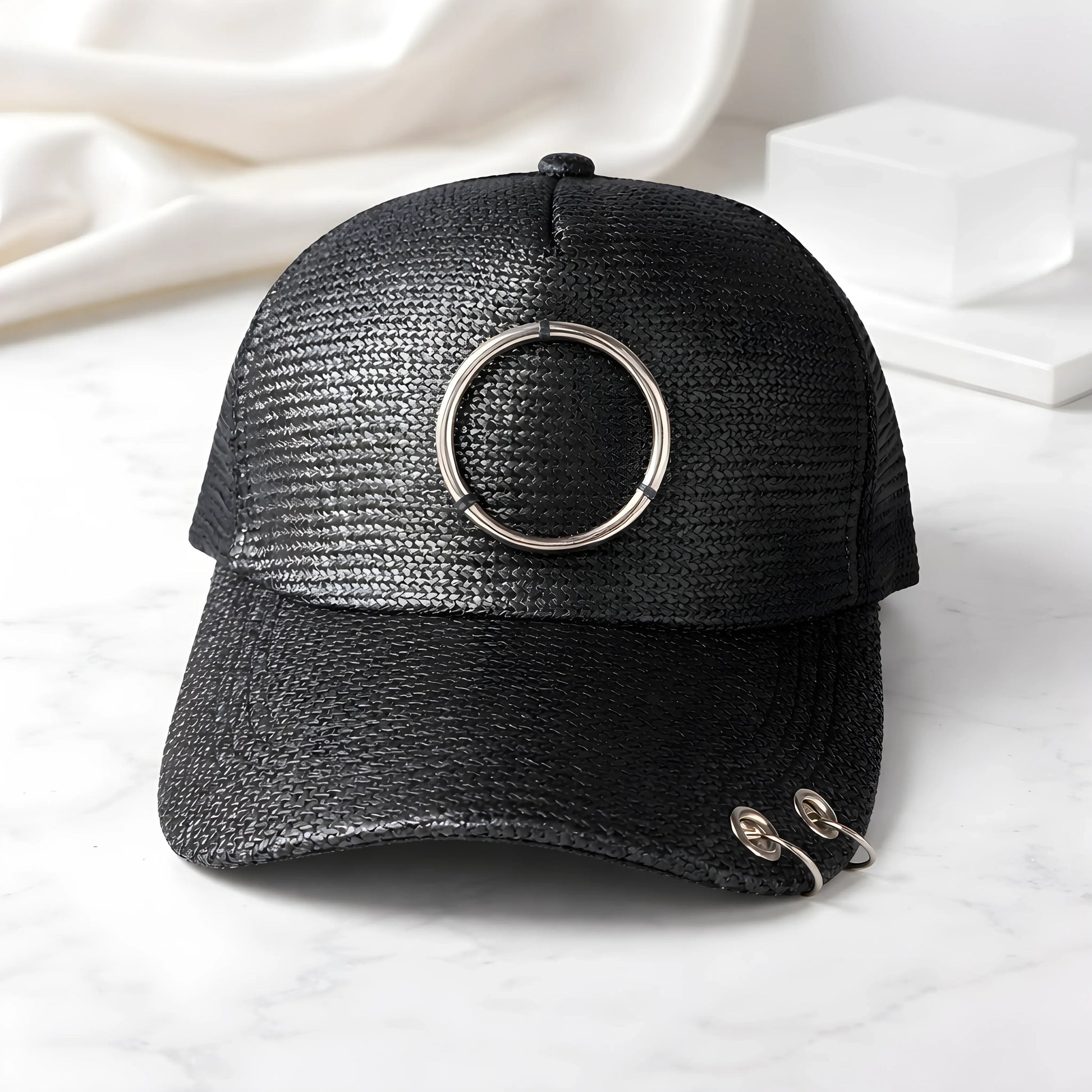 Black Woven O-Ring Pierced Cap