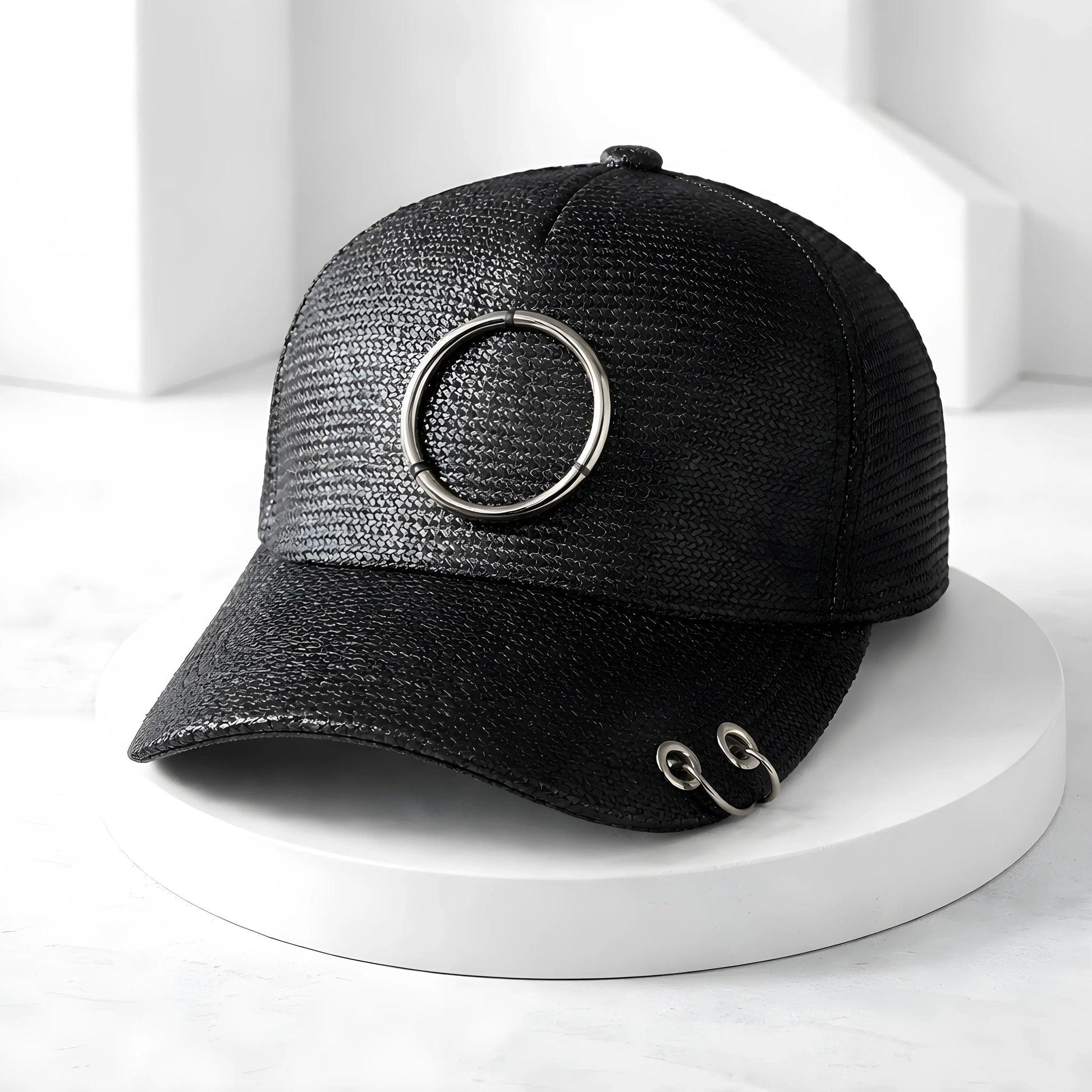 Black Woven O-Ring Pierced Cap