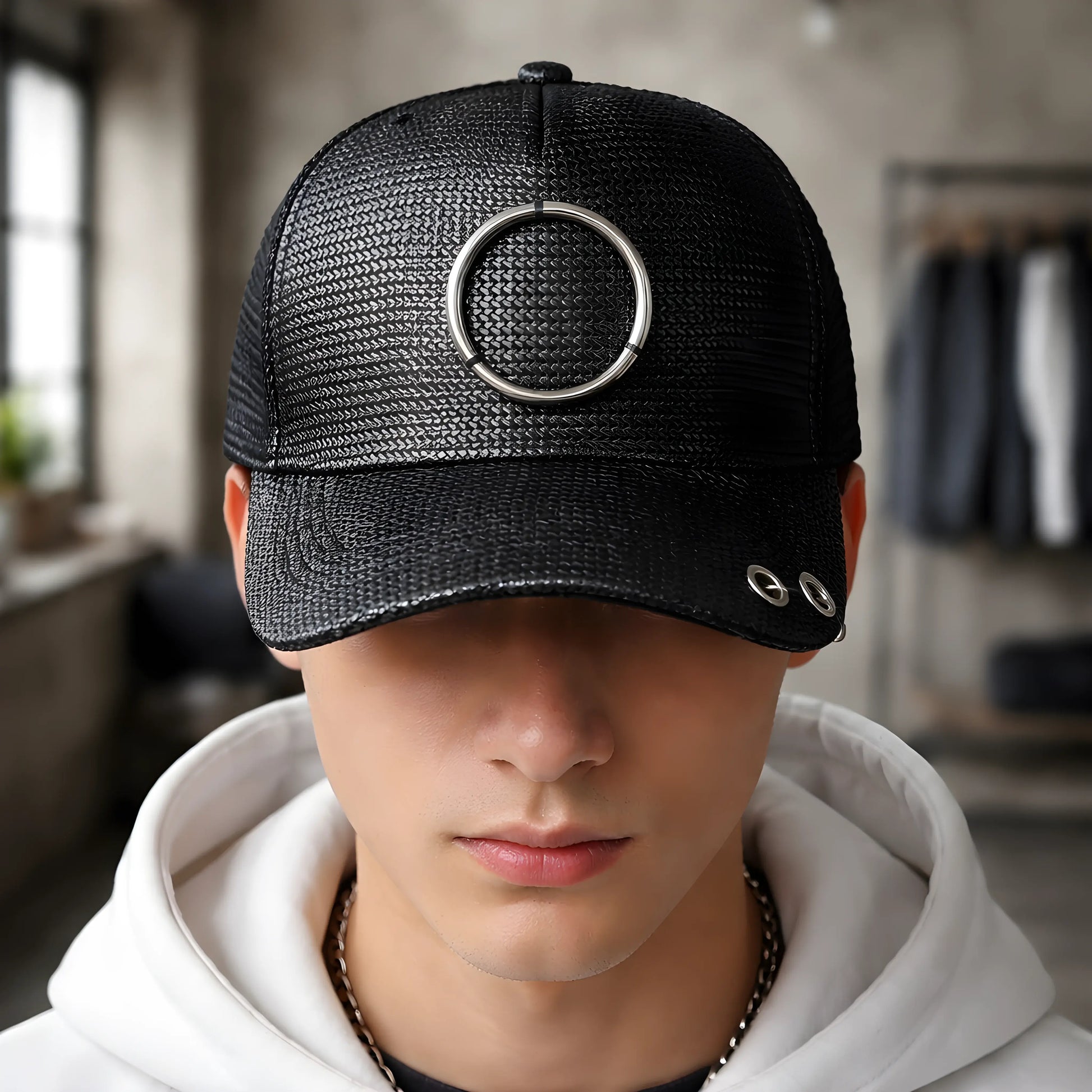 Black Woven O-Ring Pierced Cap
