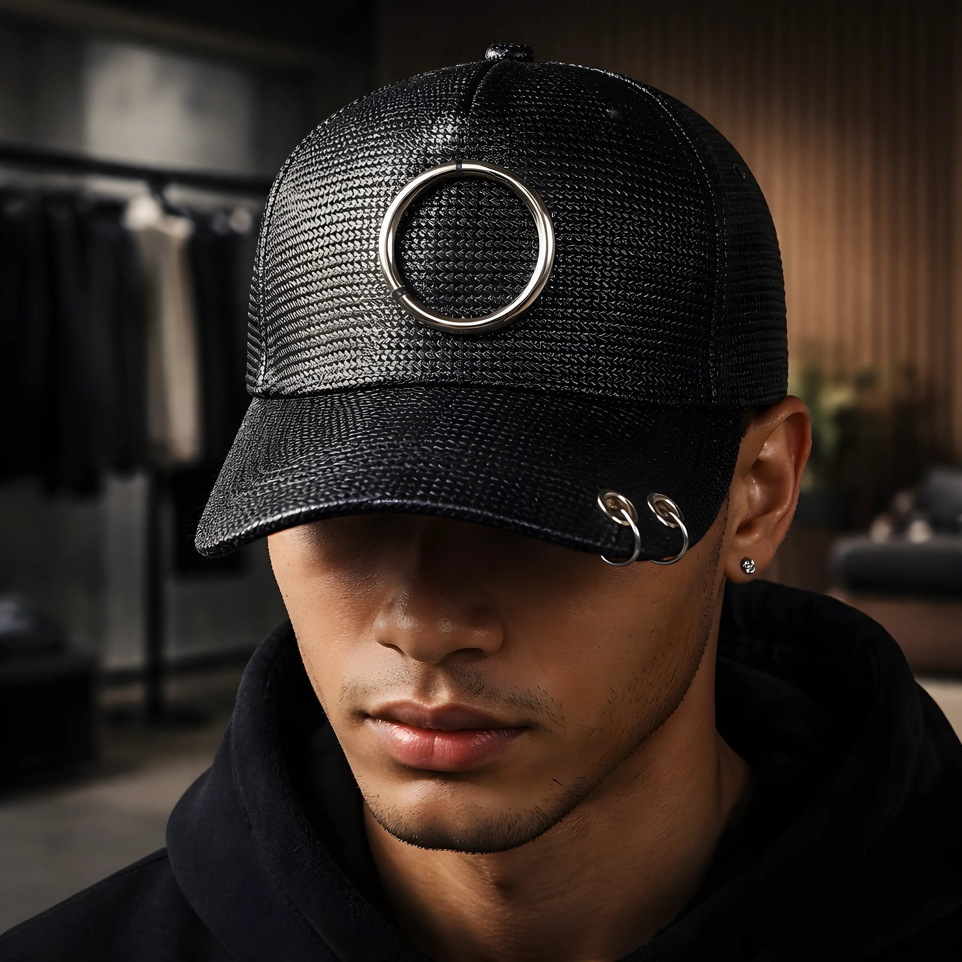 Black Woven O-Ring Pierced Cap