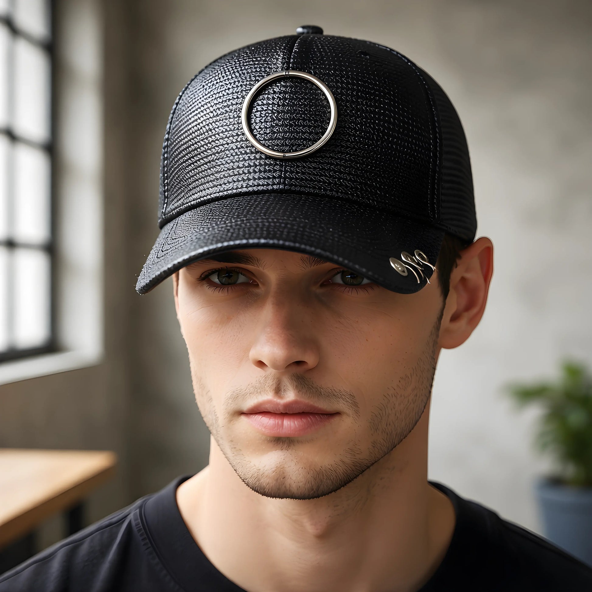 Black Woven O-Ring Pierced Cap