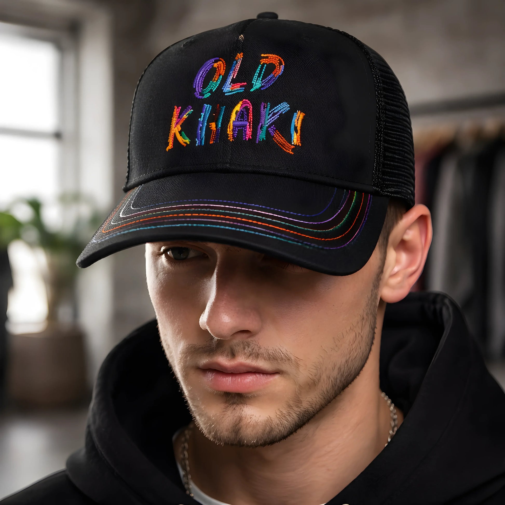 Old Khaki Multi-Color Embroidery Trucker Cap