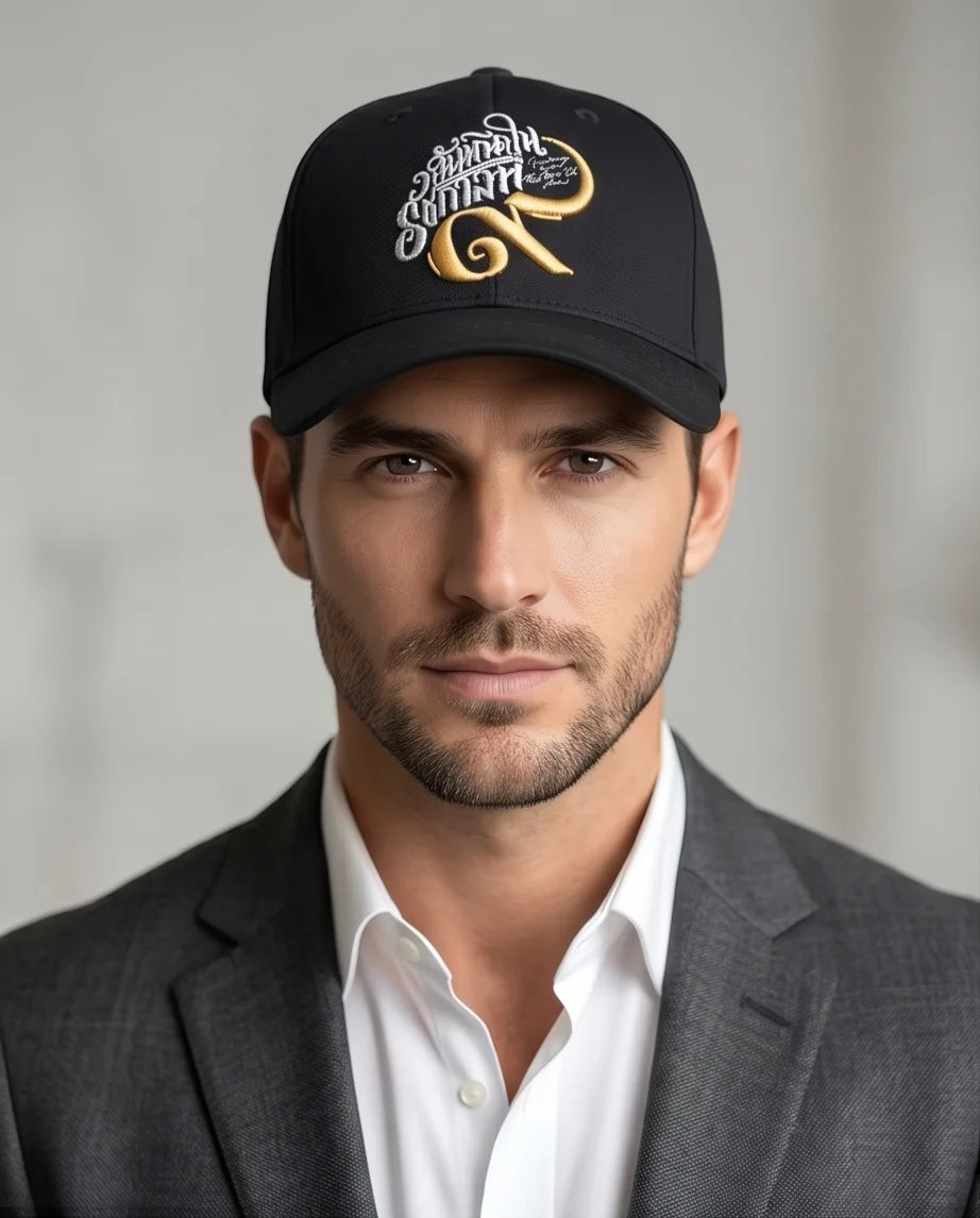 Black Script and Gold Emblem Baseball Cap