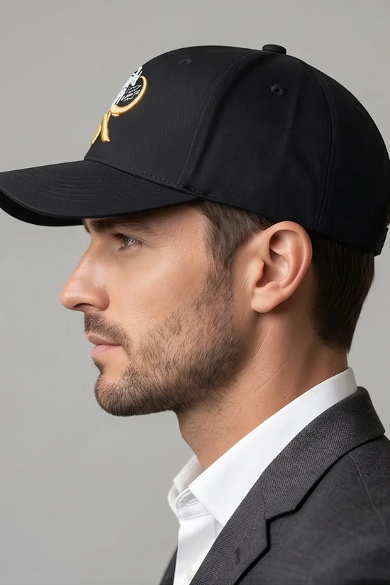 Black Script and Gold Emblem Baseball Cap