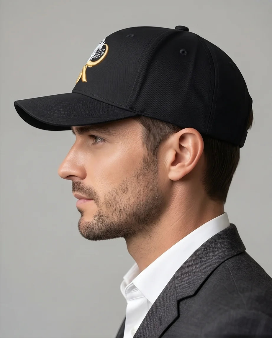 Black Script and Gold Emblem Baseball Cap
