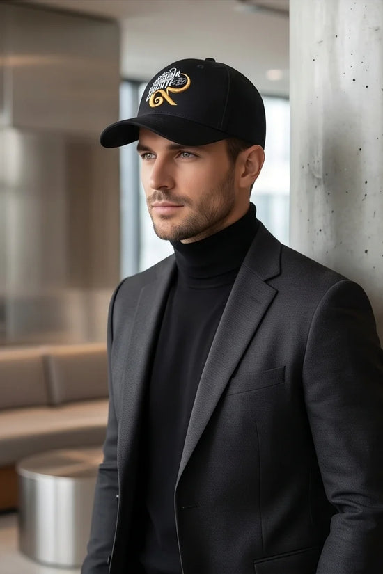 Black Script and Gold Emblem Baseball Cap