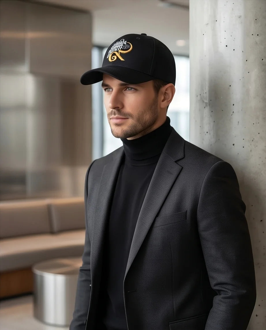 Black Script and Gold Emblem Baseball Cap