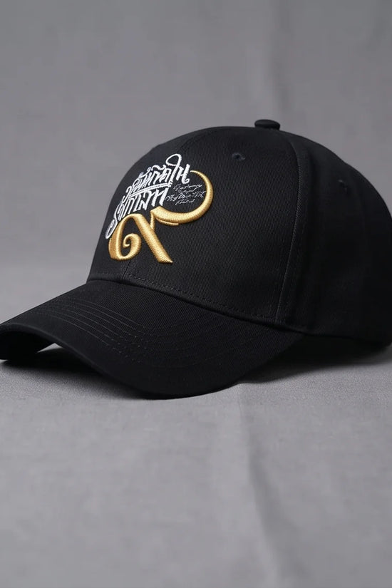 Black Script and Gold Emblem Baseball Cap