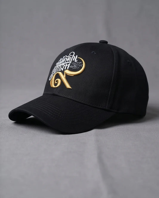 Black Script and Gold Emblem Baseball Cap