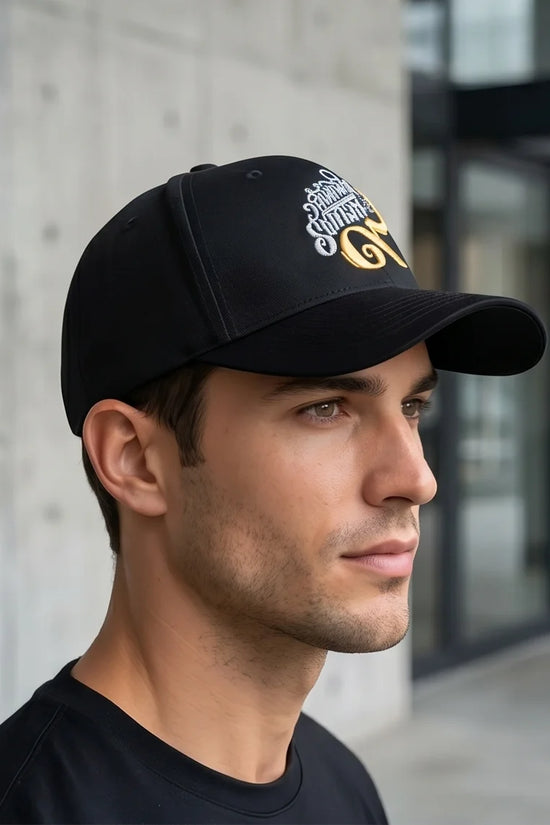 Black Script and Gold Emblem Baseball Cap