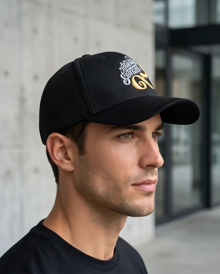 Black Script and Gold Emblem Baseball Cap