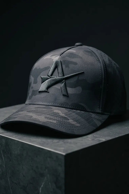 Stealth Black Camo Performance Cap – 3D "A" Emblem