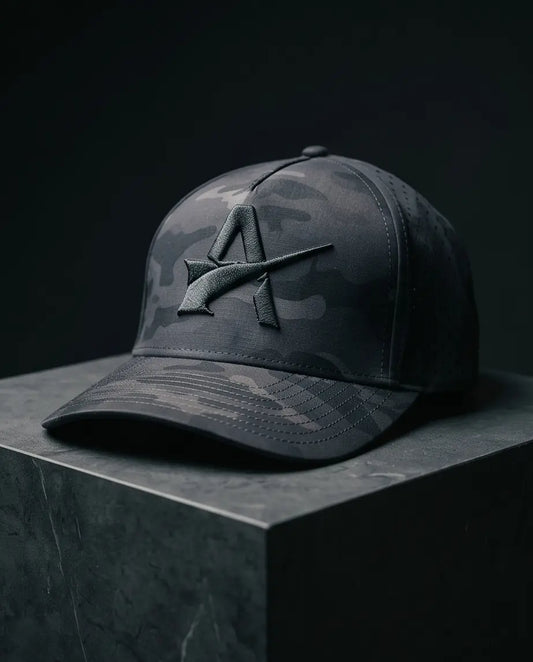 Stealth Black Camo Performance Cap – 3D "A" Emblem