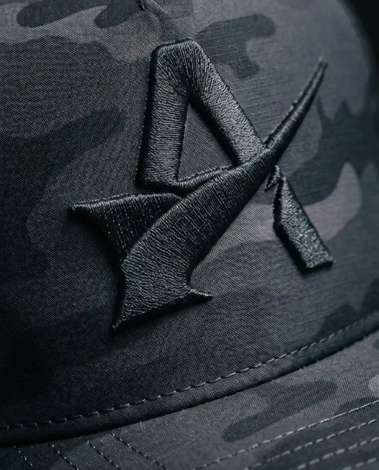 Stealth Black Camo Performance Cap – 3D "A" Emblem