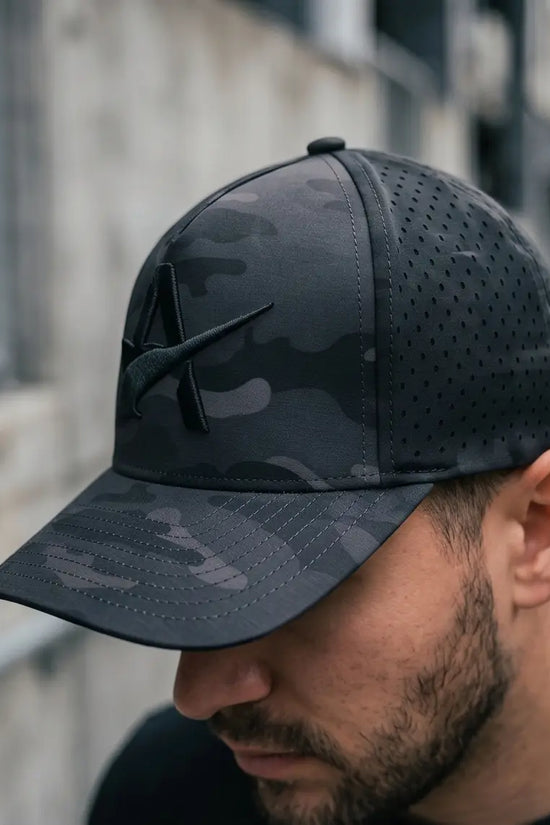 Stealth Black Camo Performance Cap – 3D "A" Emblem