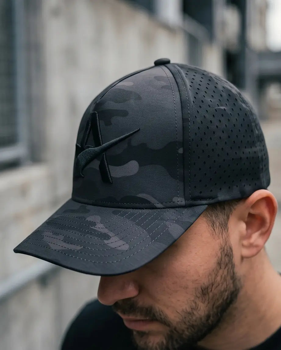 Stealth Black Camo Performance Cap – 3D "A" Emblem