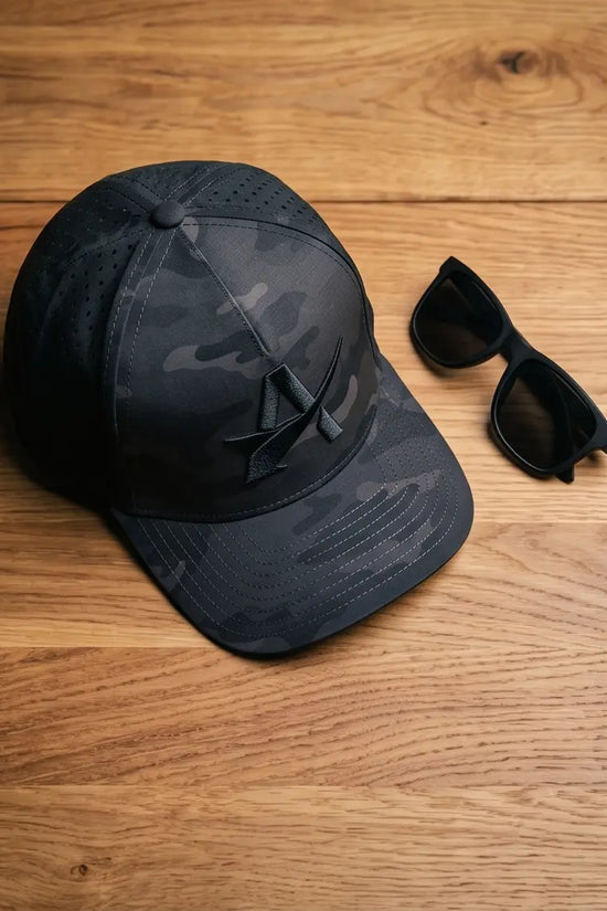 Stealth Black Camo Performance Cap – 3D "A" Emblem