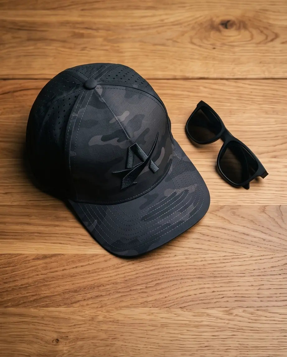 Stealth Black Camo Performance Cap – 3D "A" Emblem