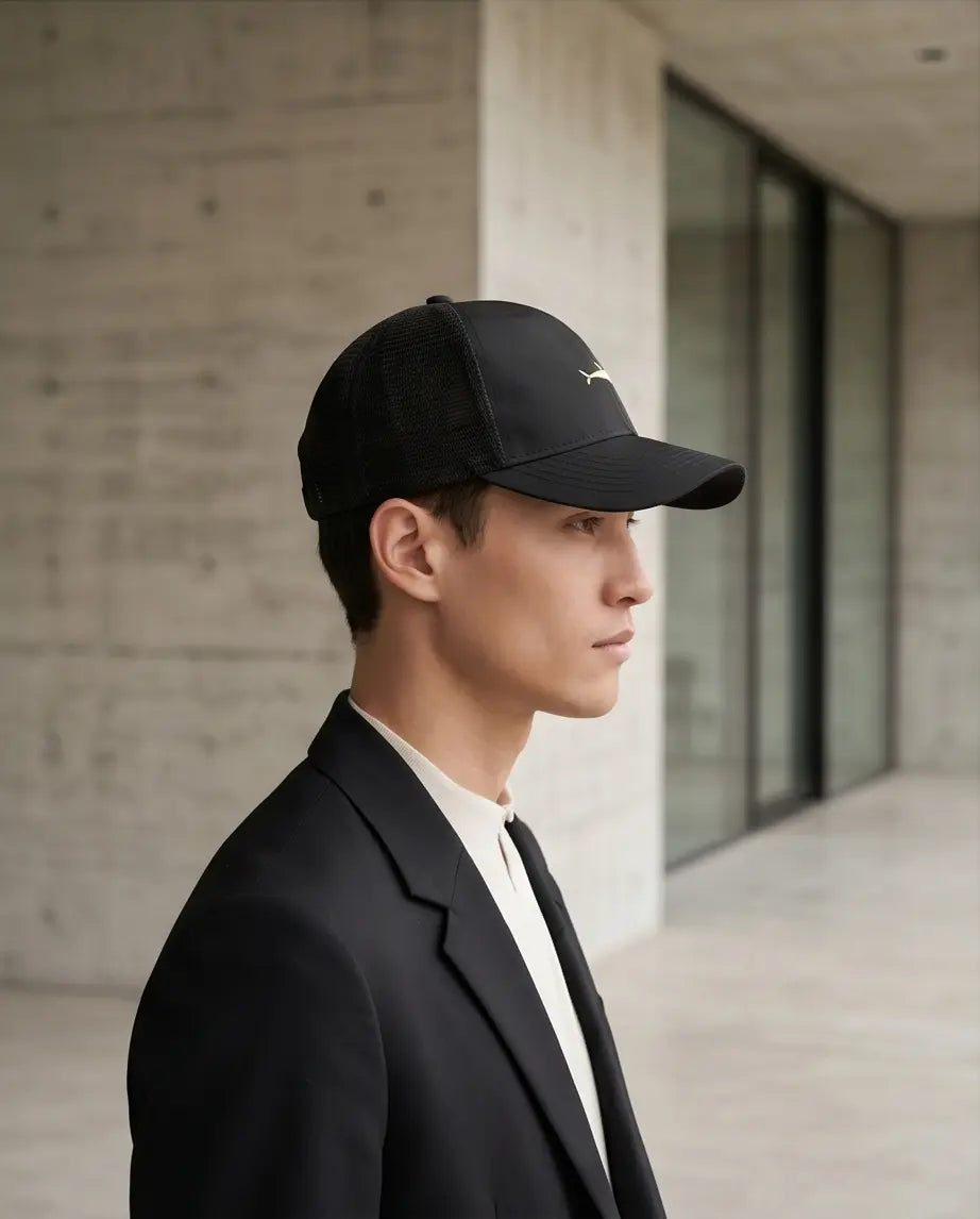 Premium Black Mesh Snapback with Gold Fish Embroidery