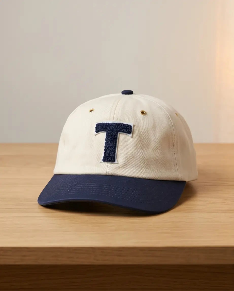 Bold "T" Varsity Baseball Cap — Cream / Navy