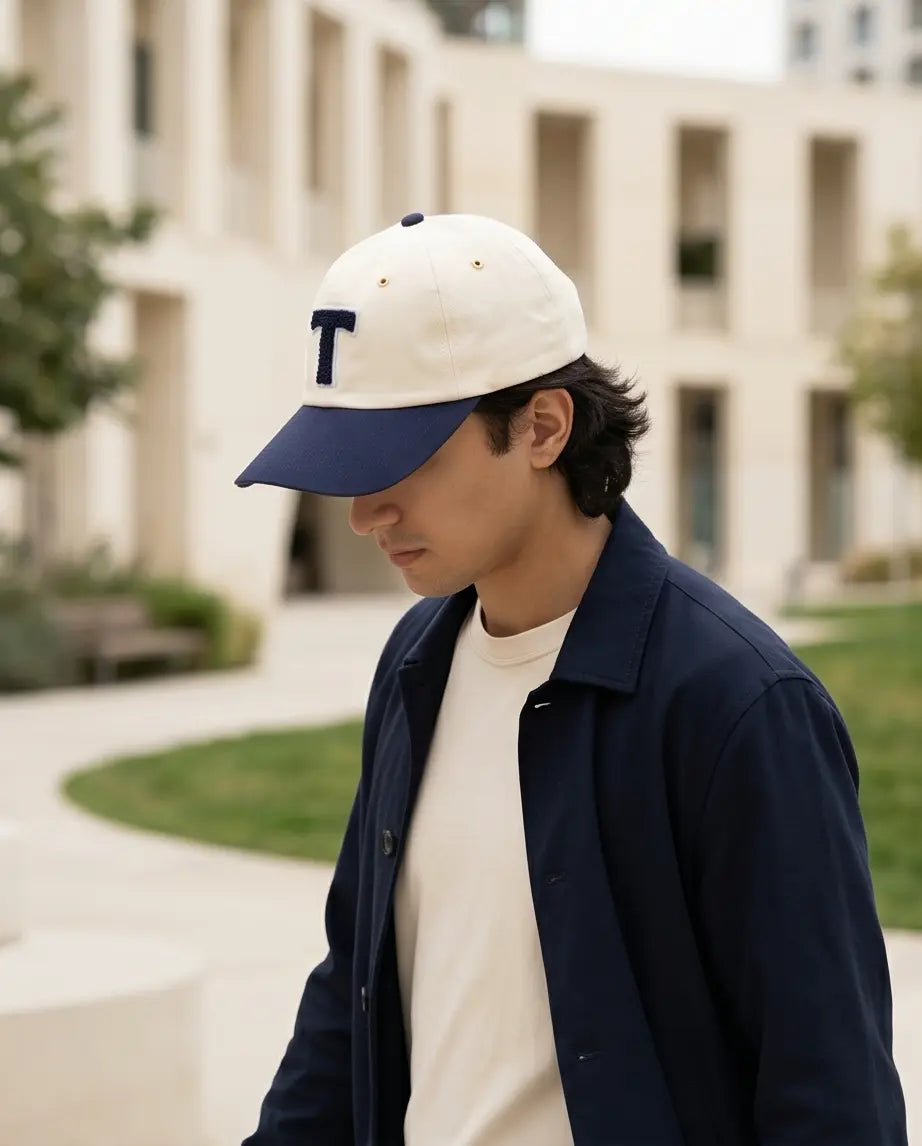 Bold "T" Varsity Baseball Cap — Cream / Navy