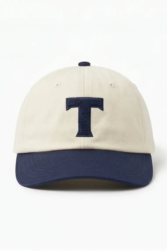 Bold "T" Varsity Baseball Cap — Cream / Navy
