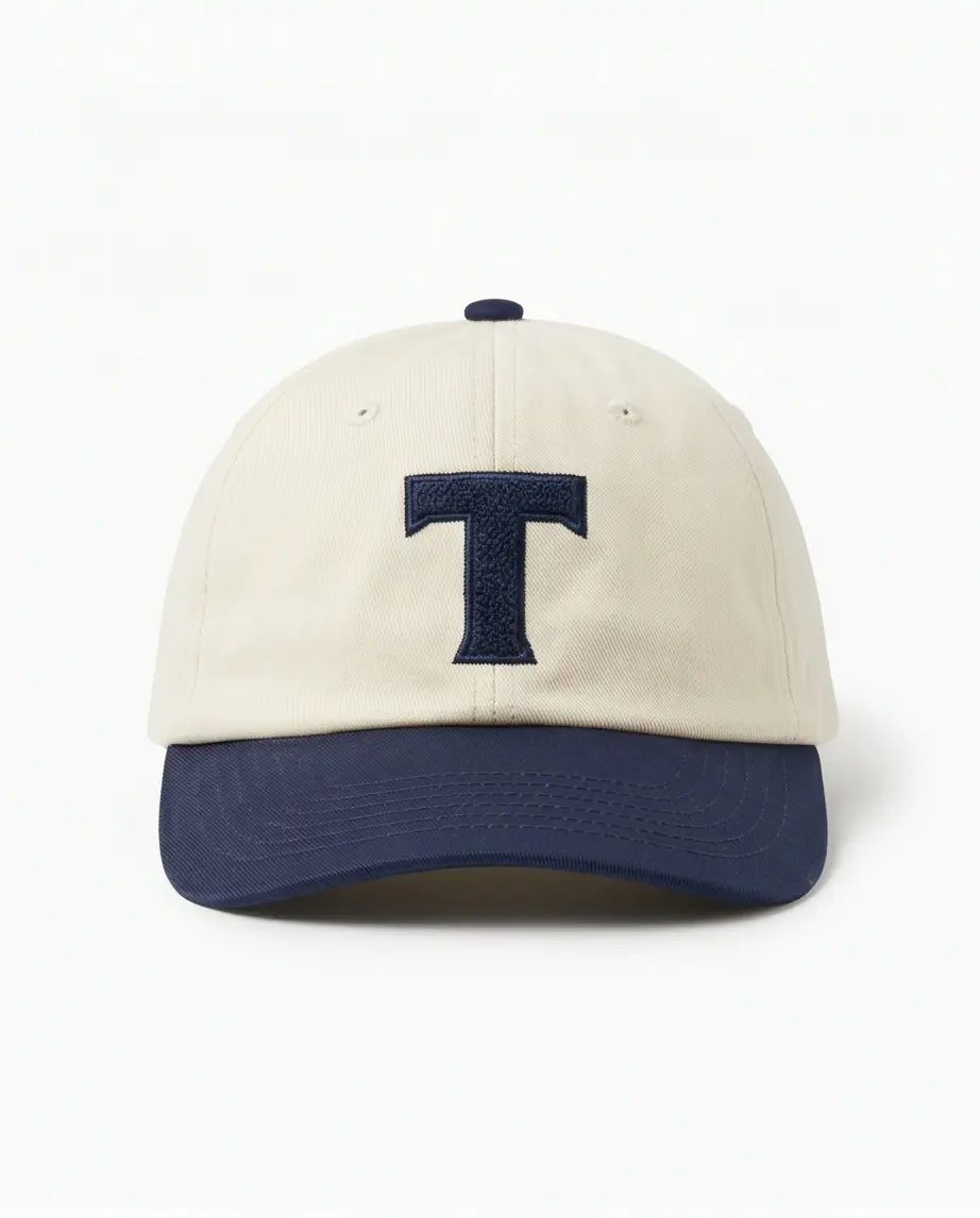 Bold "T" Varsity Baseball Cap — Cream / Navy