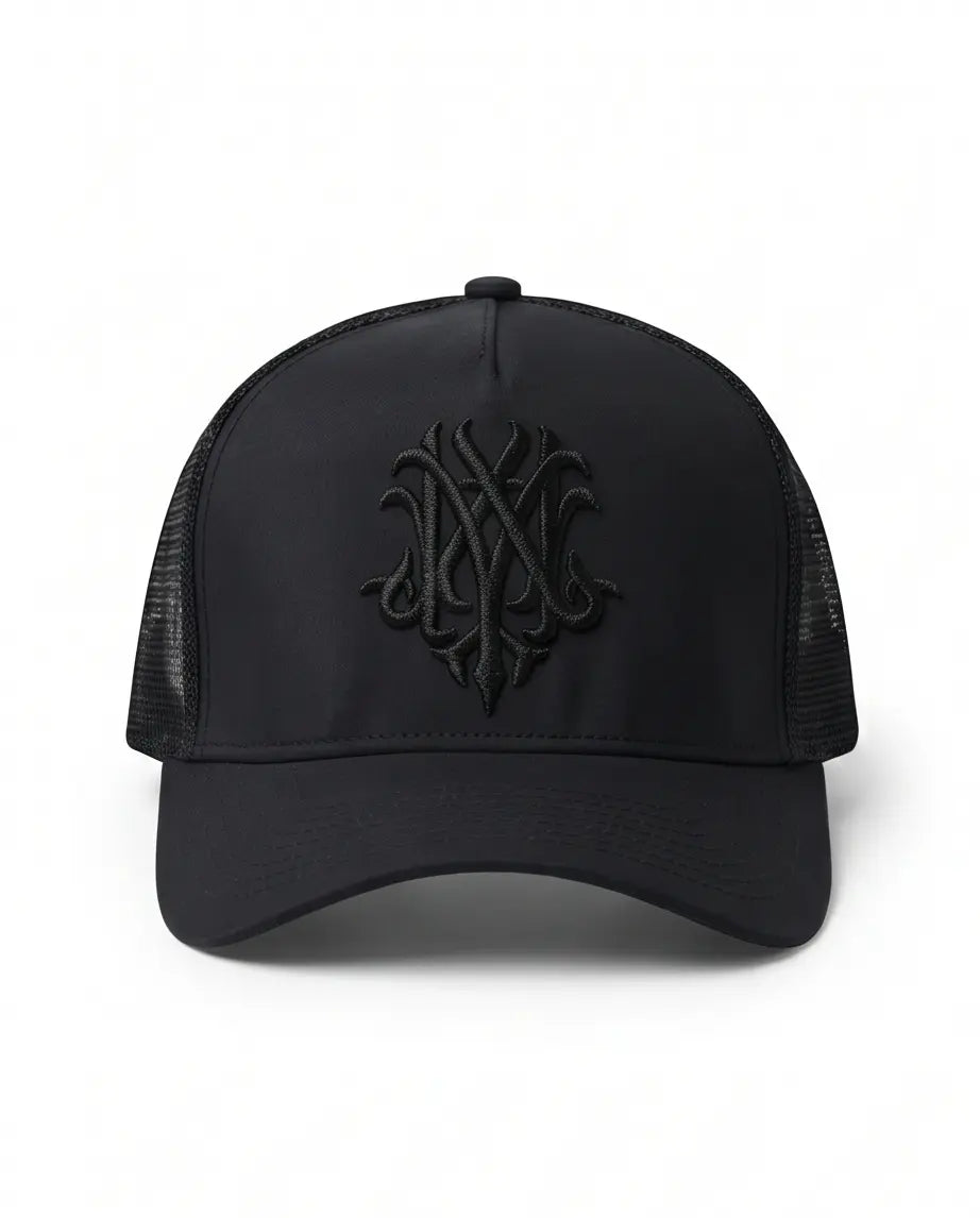 Gothic Wolf Embroidered Trucker Cap — All Black