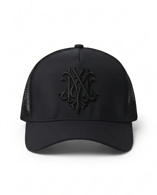 Gothic Wolf Embroidered Trucker Cap — All Black
