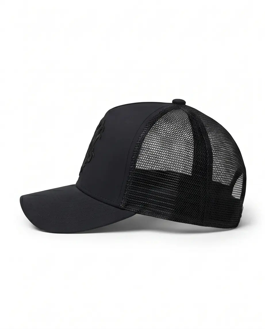 Gothic Wolf Embroidered Trucker Cap — All Black