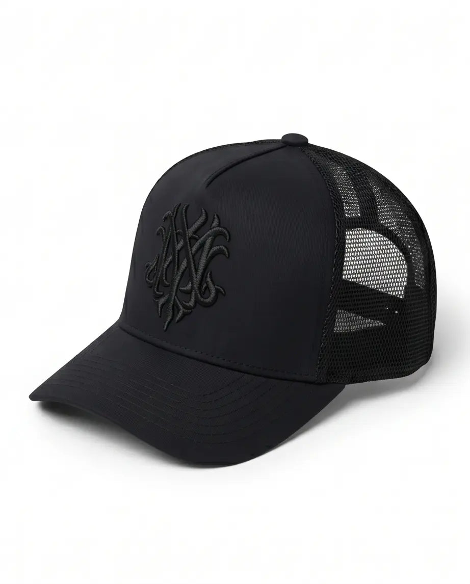 Gothic Wolf Embroidered Trucker Cap — All Black