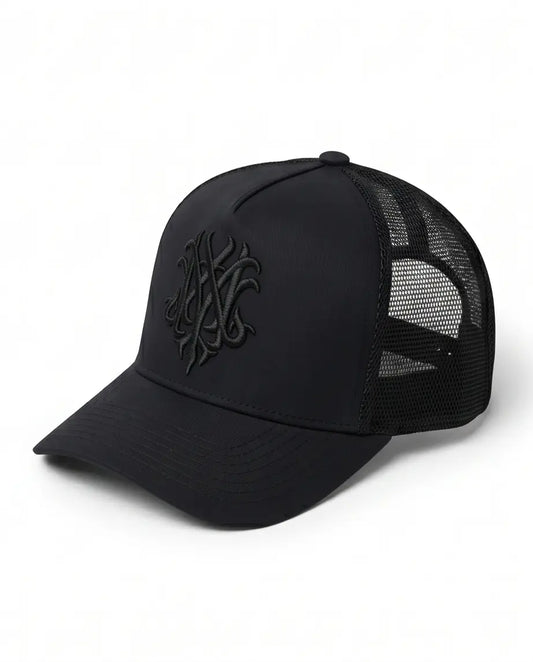 Gothic Wolf Embroidered Trucker Cap — All Black