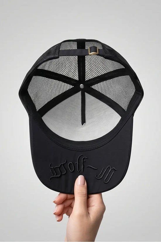 Gothic Wolf Embroidered Trucker Cap — All Black