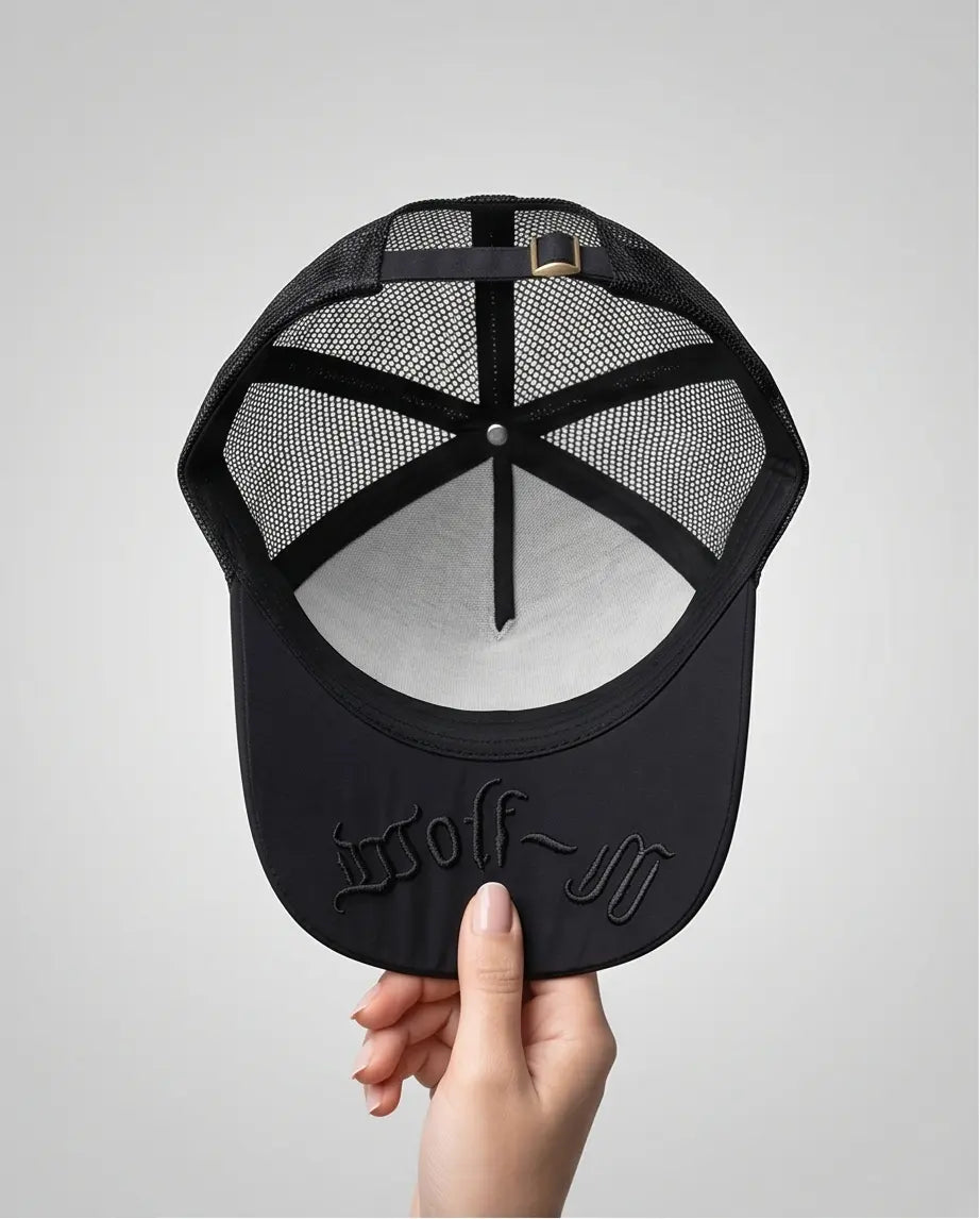 Gothic Wolf Embroidered Trucker Cap — All Black