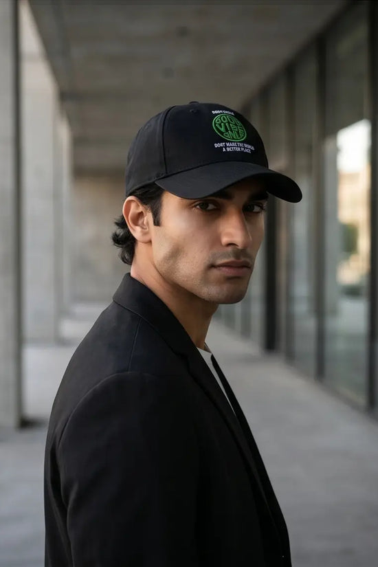 "Good Vibe Only" Embroidered Cap — Black / Neon Green