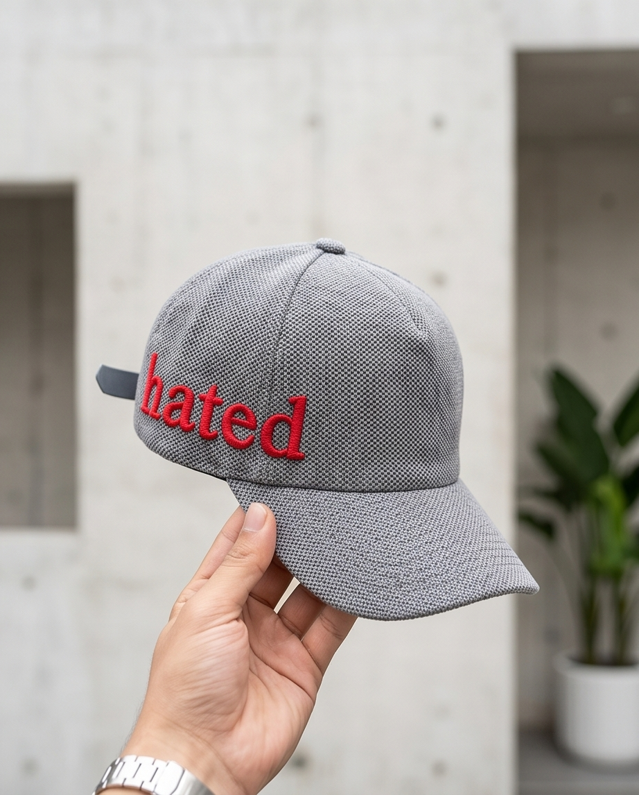 "ted" Script Dad Cap — Grey Herringbone / Red