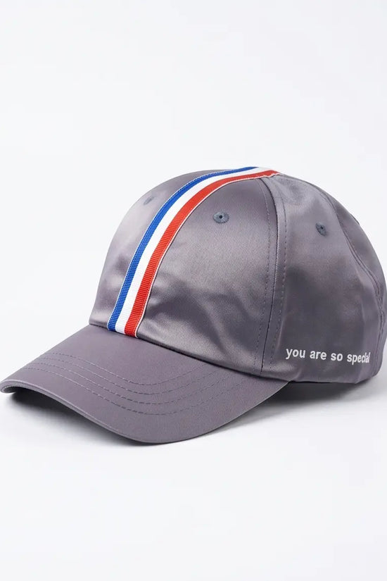 Tricolor Stripe Satin Cap — Grey