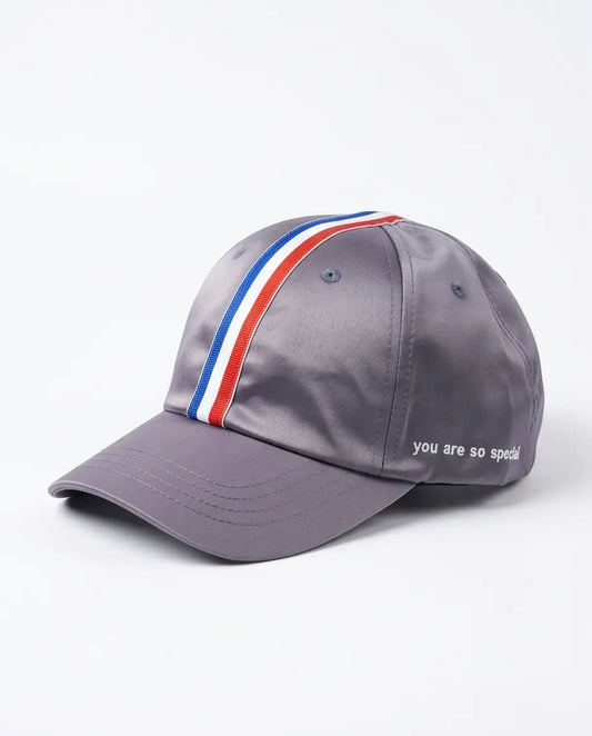 Tricolor Stripe Satin Cap — Grey