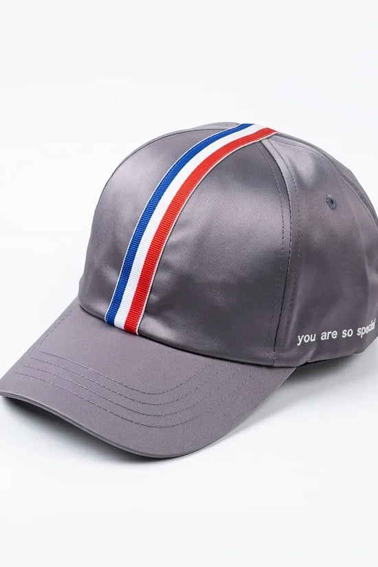 Tricolor Stripe Satin Cap — Grey