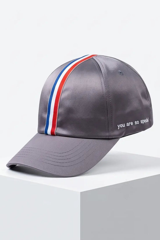 Tricolor Stripe Satin Cap — Grey
