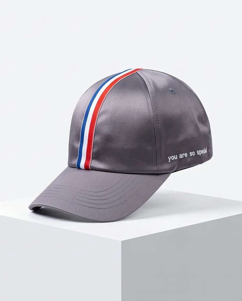 Tricolor Stripe Satin Cap — Grey