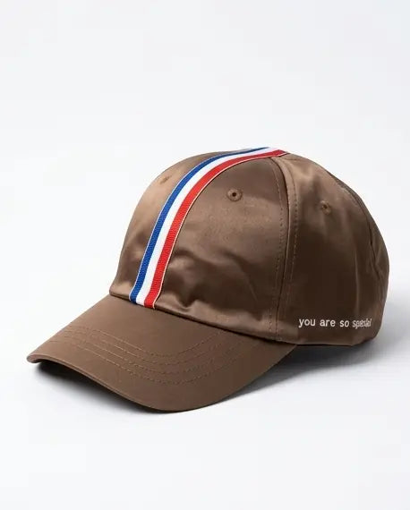 "You Are So Special" Tricolor Stripe Satin Cap — Brown