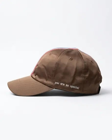 "You Are So Special" Tricolor Stripe Satin Cap — Brown