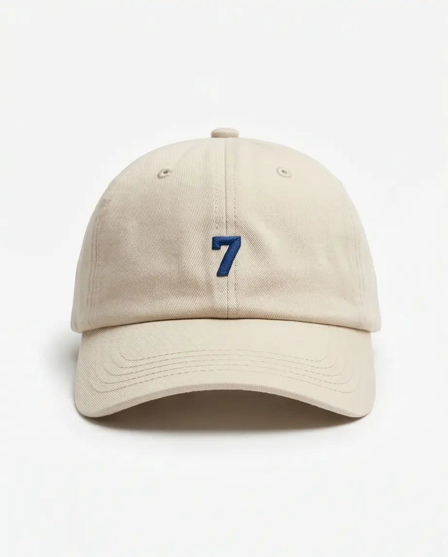 Minimalist Number 7 Embroidered Baseball Cap – Sand Beige & Navy