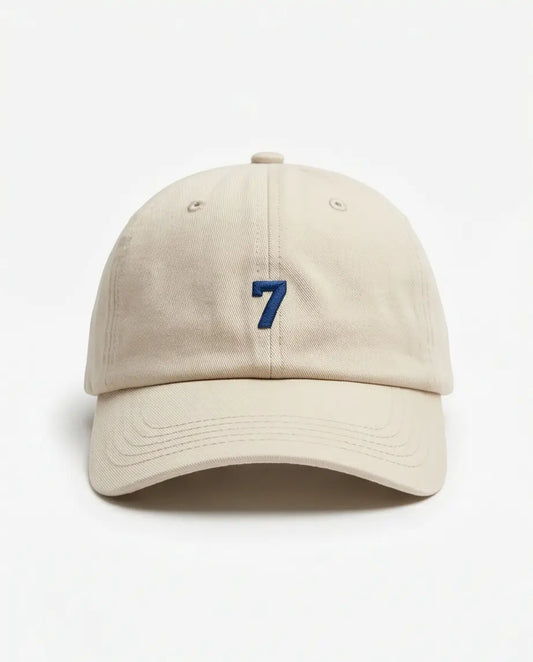Minimalist Number 7 Embroidered Baseball Cap – Sand Beige & Navy