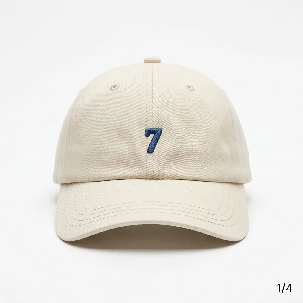 Minimalist Number 7 Embroidered Baseball Cap – Sand Beige & Navy