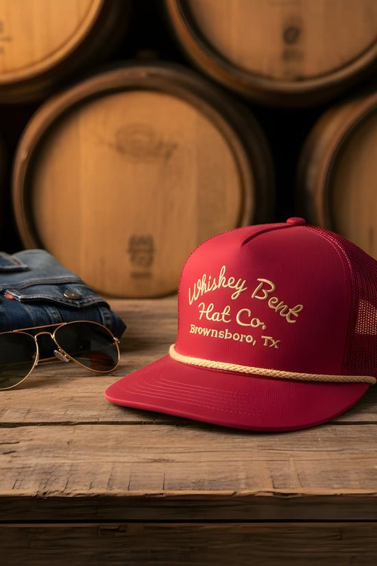 “Whiskey Bent Trucker Cap – Maroon Edition”