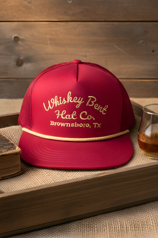 “Whiskey Bent Trucker Cap – Maroon Edition”